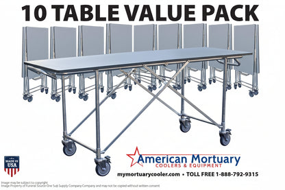 A bulk value pack of 10 American Mortuary folding dressing tables in a storage configuration, highlighting the 600lb capacity and integrated ID tag holders.