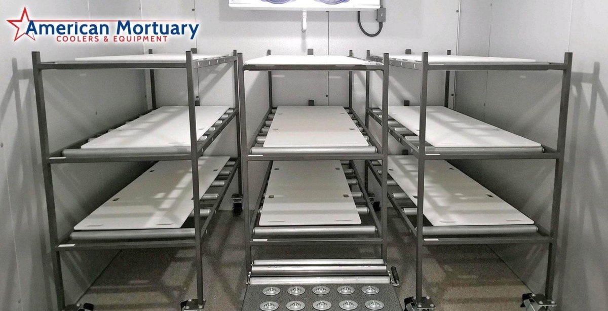 Model 2000-1016 10x16 cadaver storage walk-in cooler with Russell or Heatcraft refrigeration, vapor-proof LED lighting, and R-32 insulation.