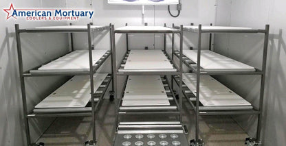 Model 2000-1016 10x16 cadaver storage walk-in cooler with Russell or Heatcraft refrigeration, vapor-proof LED lighting, and R-32 insulation.