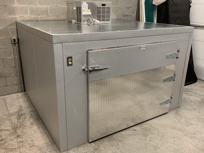 “Interior view of triple cot roll-in mortuary cooler showing spacious 3-body capacity and stainless steel finish.”
