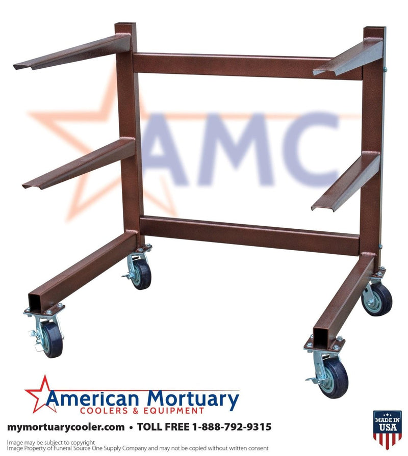 Premium 3-tier cantilever cadaver rack by American Mortuary Coolers, open-side all-access body storage for walk-in coolers