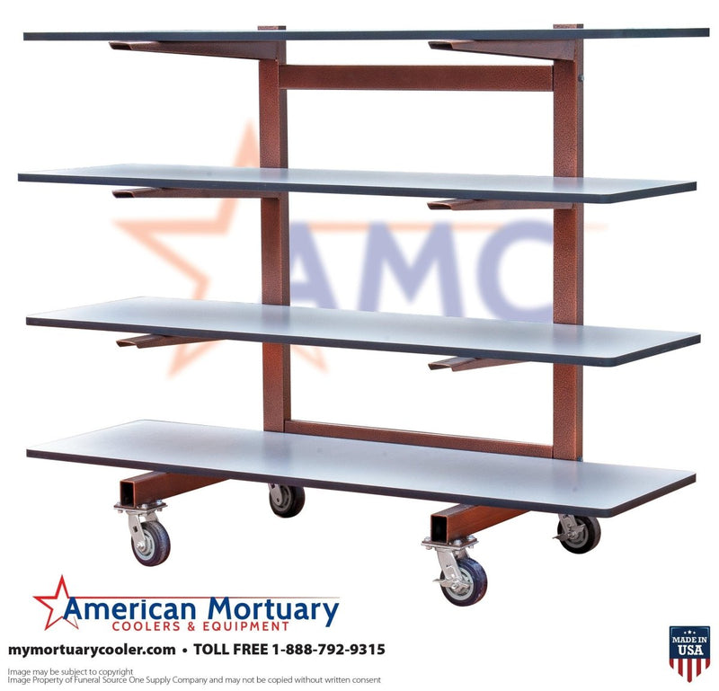Premium 4-tier cantilever cadaver storage rack by American Mortuary Coolers, open-side body storage for university anatomy program walk-in coolers