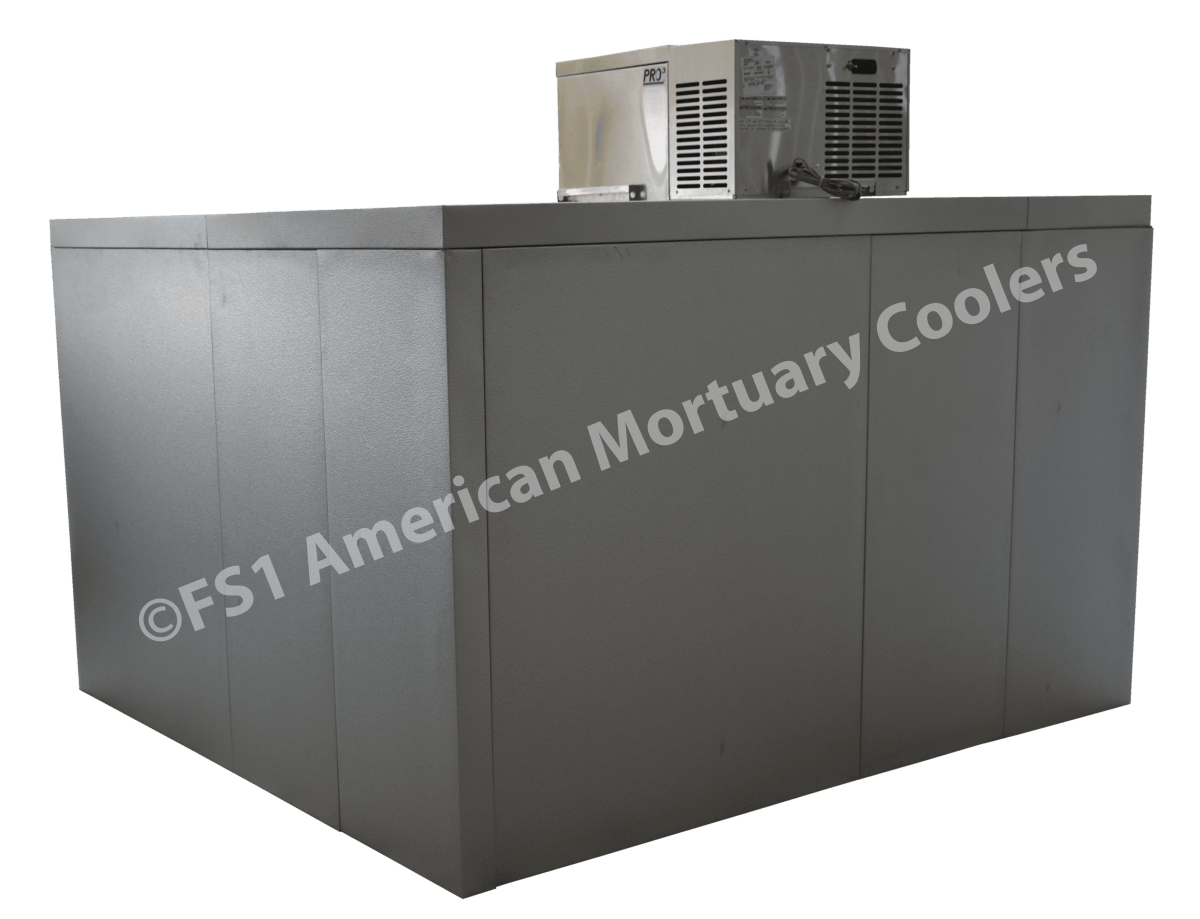 Triple-wide roll-in mortuary cooler allowing three mortuary cots to roll in directly from prep room
