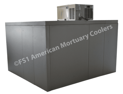 Triple-wide roll-in mortuary cooler allowing three mortuary cots to roll in directly from prep room