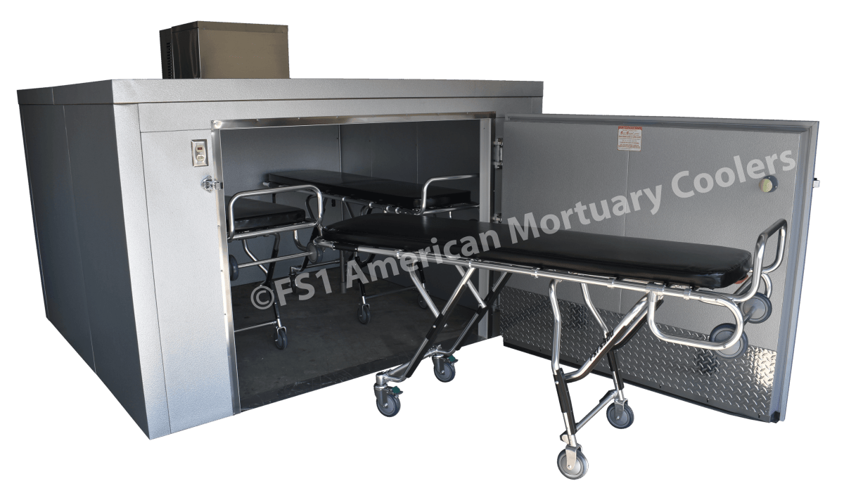 Heavy-duty door, hinges, and latch hardware on a triple-wide roll-in mortuary cooler