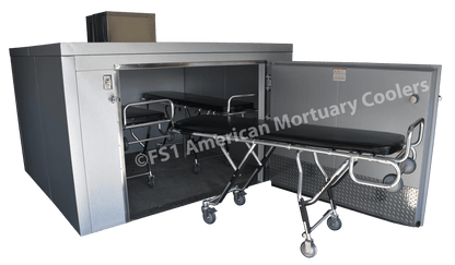 Heavy-duty door, hinges, and latch hardware on a triple-wide roll-in mortuary cooler