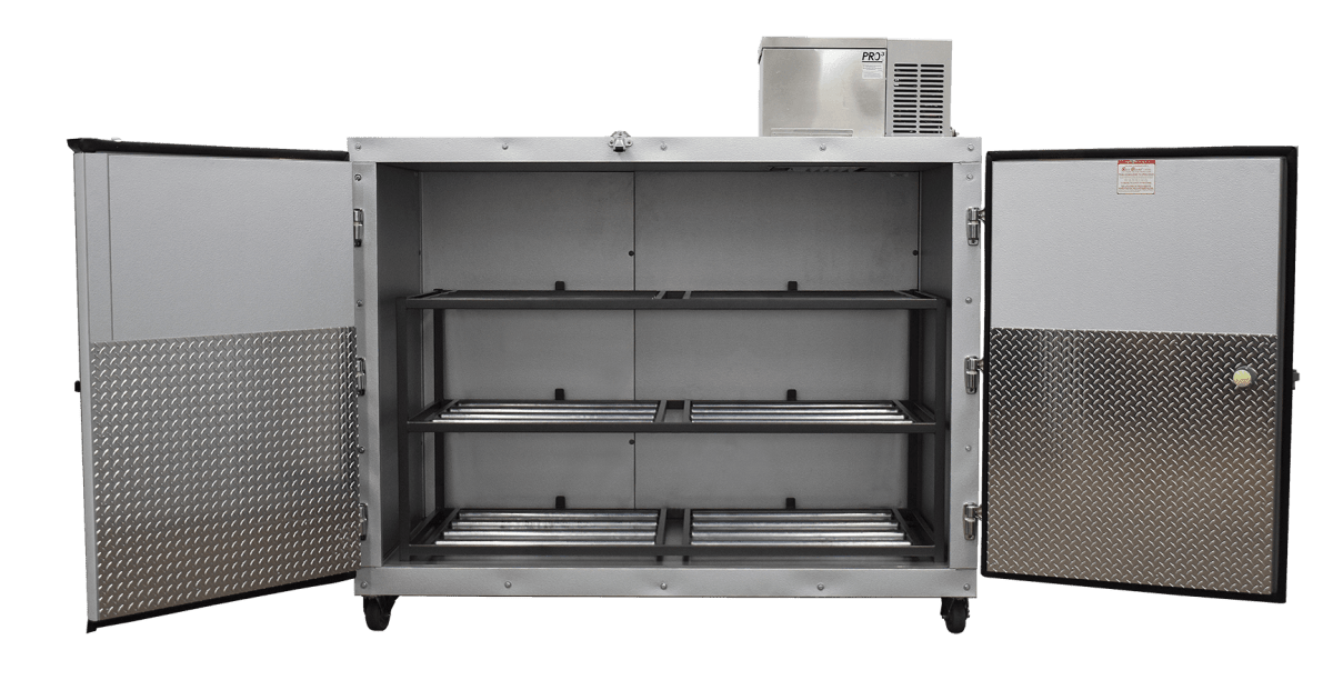 Close-up of a 100% self-contained mortuary refrigeration system with an integrated digital thermometer and temperature controller for precise morgue climate management.