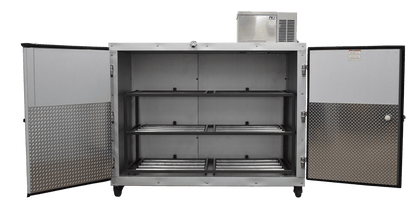 Close-up of a 100% self-contained mortuary refrigeration system with an integrated digital thermometer and temperature controller for precise morgue climate management.