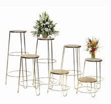 Set of seven round gold funeral floral basket stands in graduated sizes