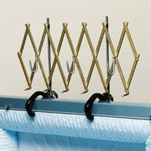 Expandable open-casket floral spray rack in gold anodized aluminum with padded hooks