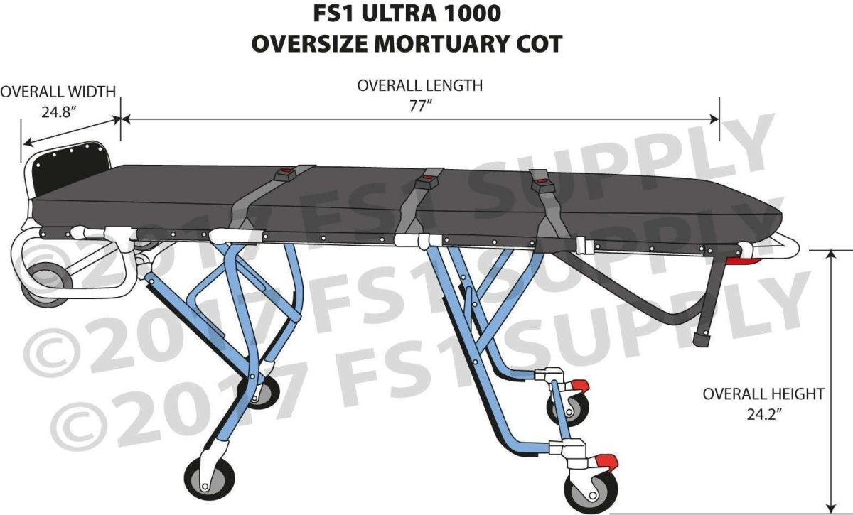TITAN 1200XL bariatric mortuary cot full view, 1,000 lb American Mortuary Equipment removal stretcher