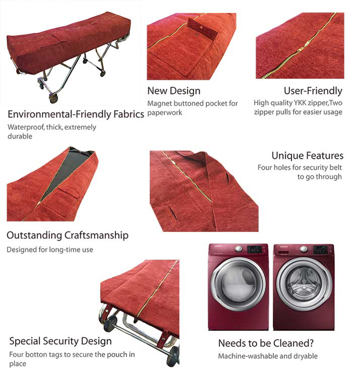 TITAN standard mortuary cot pouch dual-zipper closure detail, 24 by 74 inch funeral cot cover