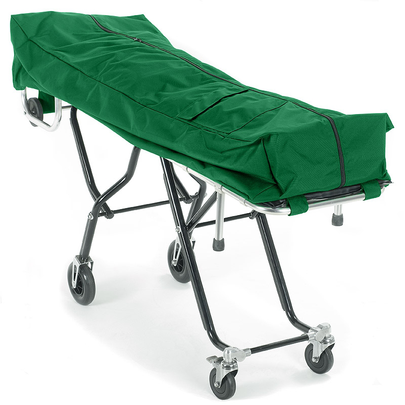 TITAN standard mortuary cot pouch in hunter green, heavy-duty nylon with dual-zipper closure, 24 by 74 inch