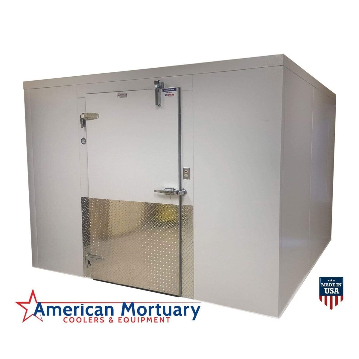 Heavy-duty door and hardware features on a walk-in mortuary cooler for secure temperature control