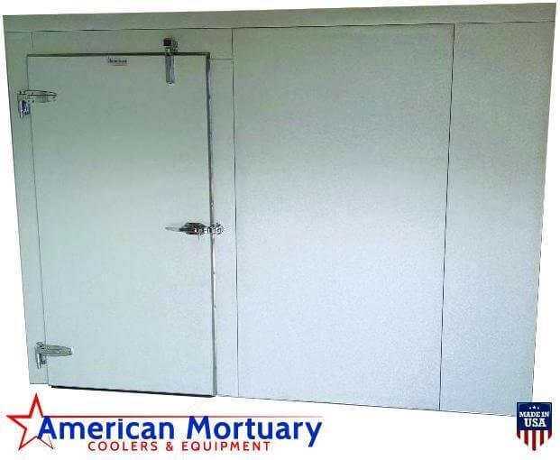 Walk-in mortuary cooler configured to support body racks and organized storage