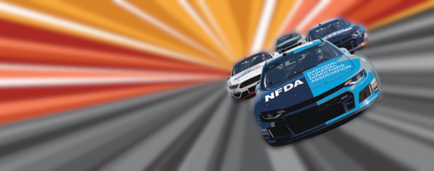 NFDA 2026 Charlotte convention promotional artwork featuring branded race cars