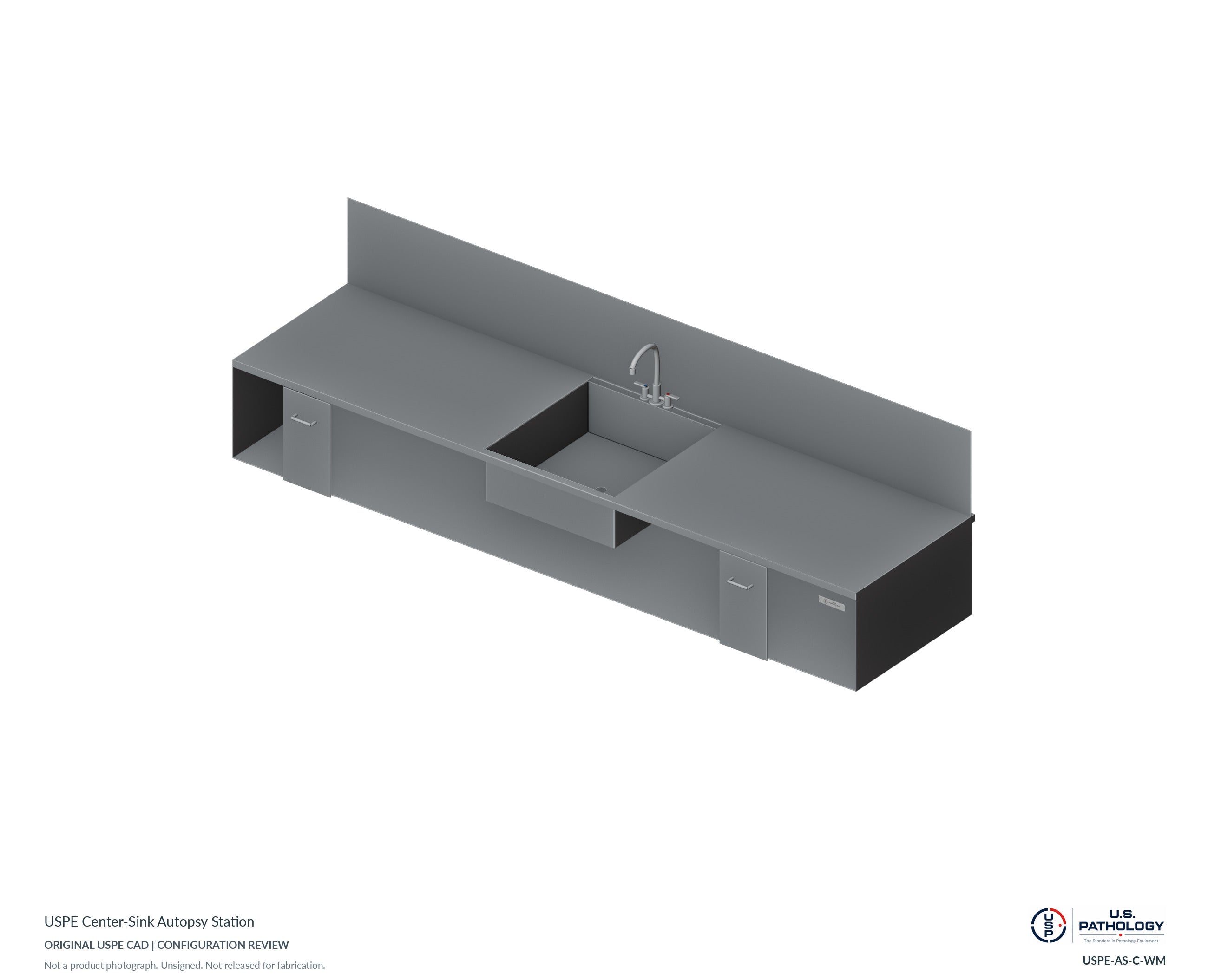 Autopsy Sink Station, Center Sink – Model USPE-AS-C. CAD configuration review; not a photograph