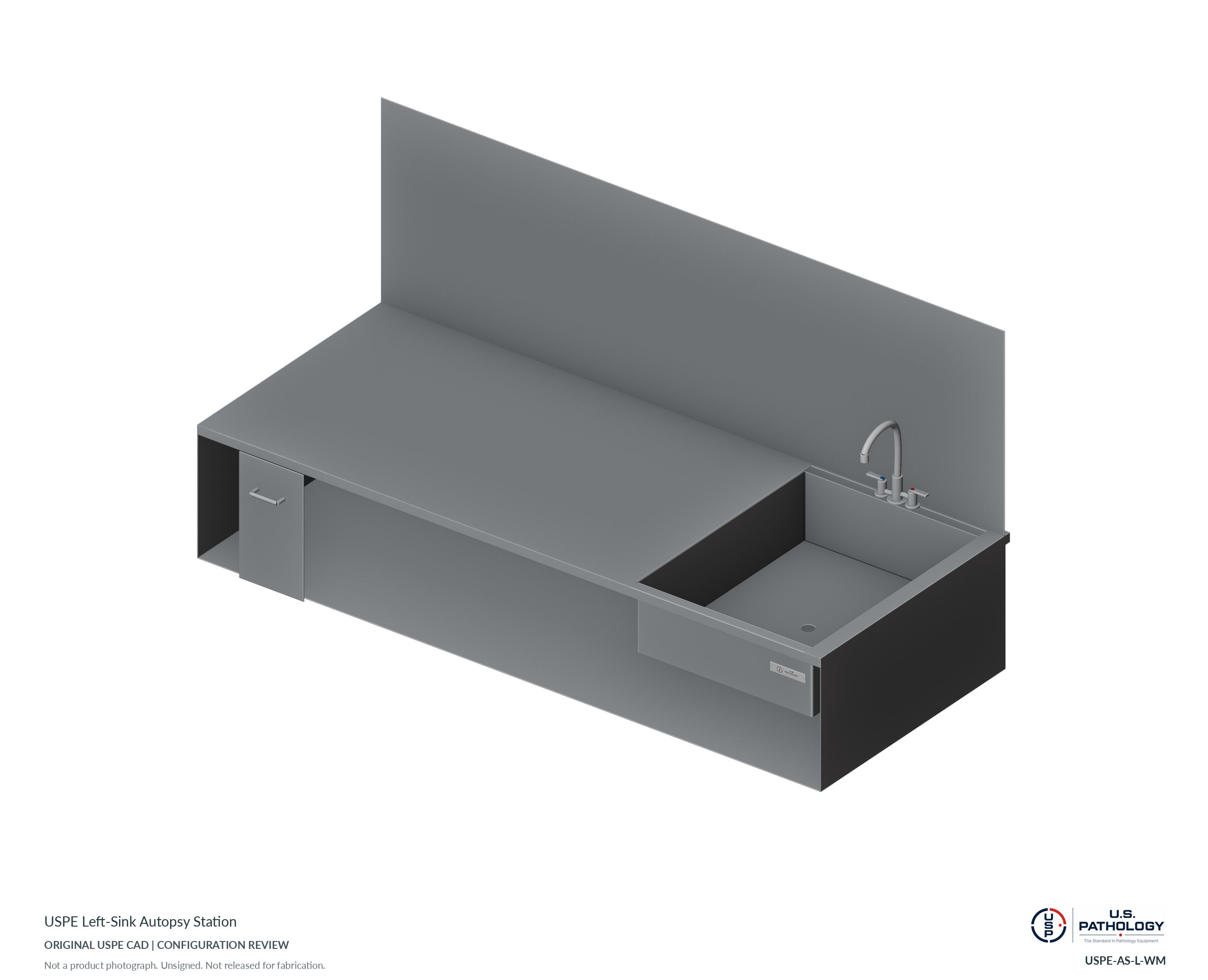 Autopsy Sink Station, Left-Hand Sink – Model USPE-AS-L. CAD configuration review; not a photograph