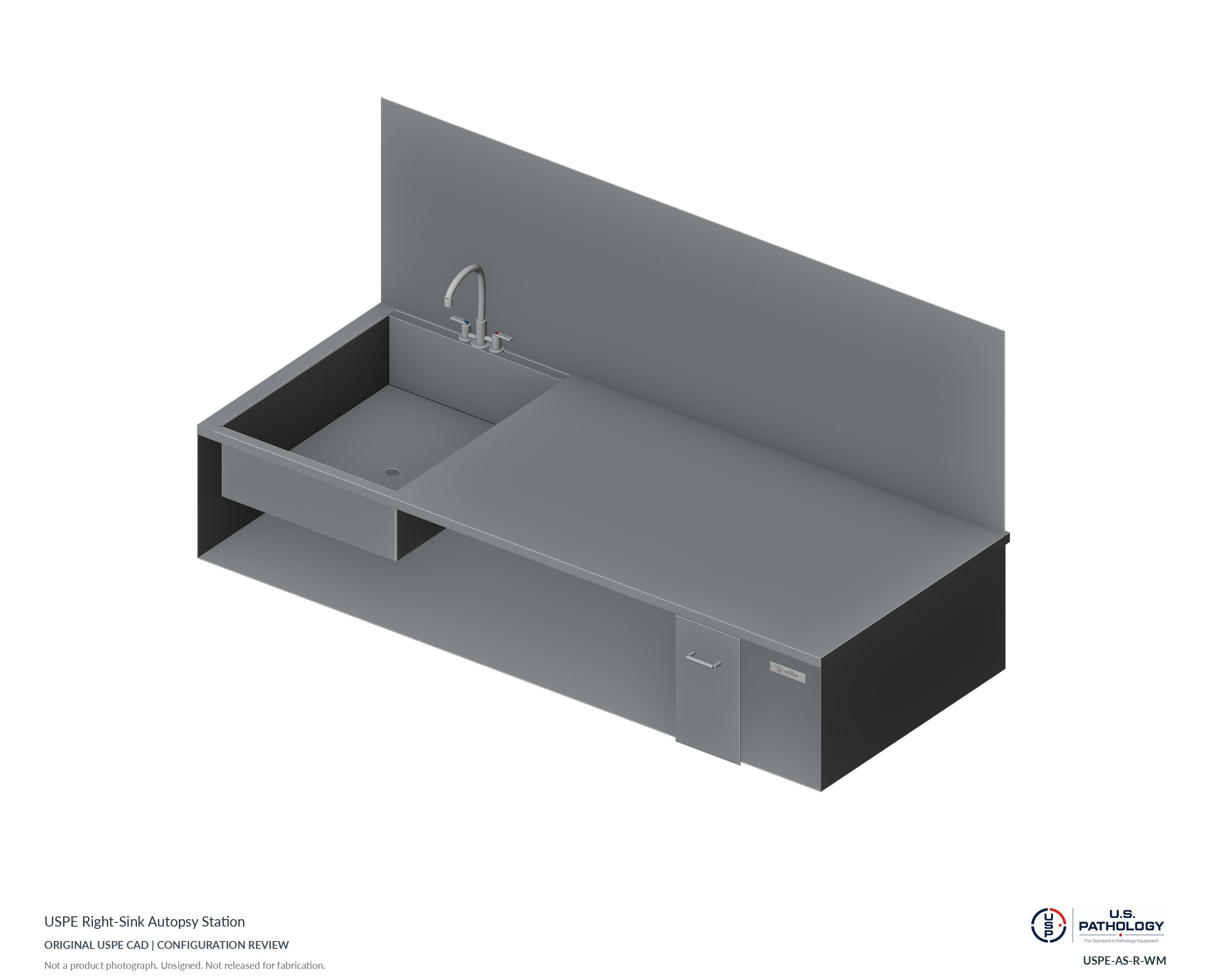 Autopsy Sink Station, Right-Hand Sink – Model USPE-AS-R. CAD configuration review; not a photograph