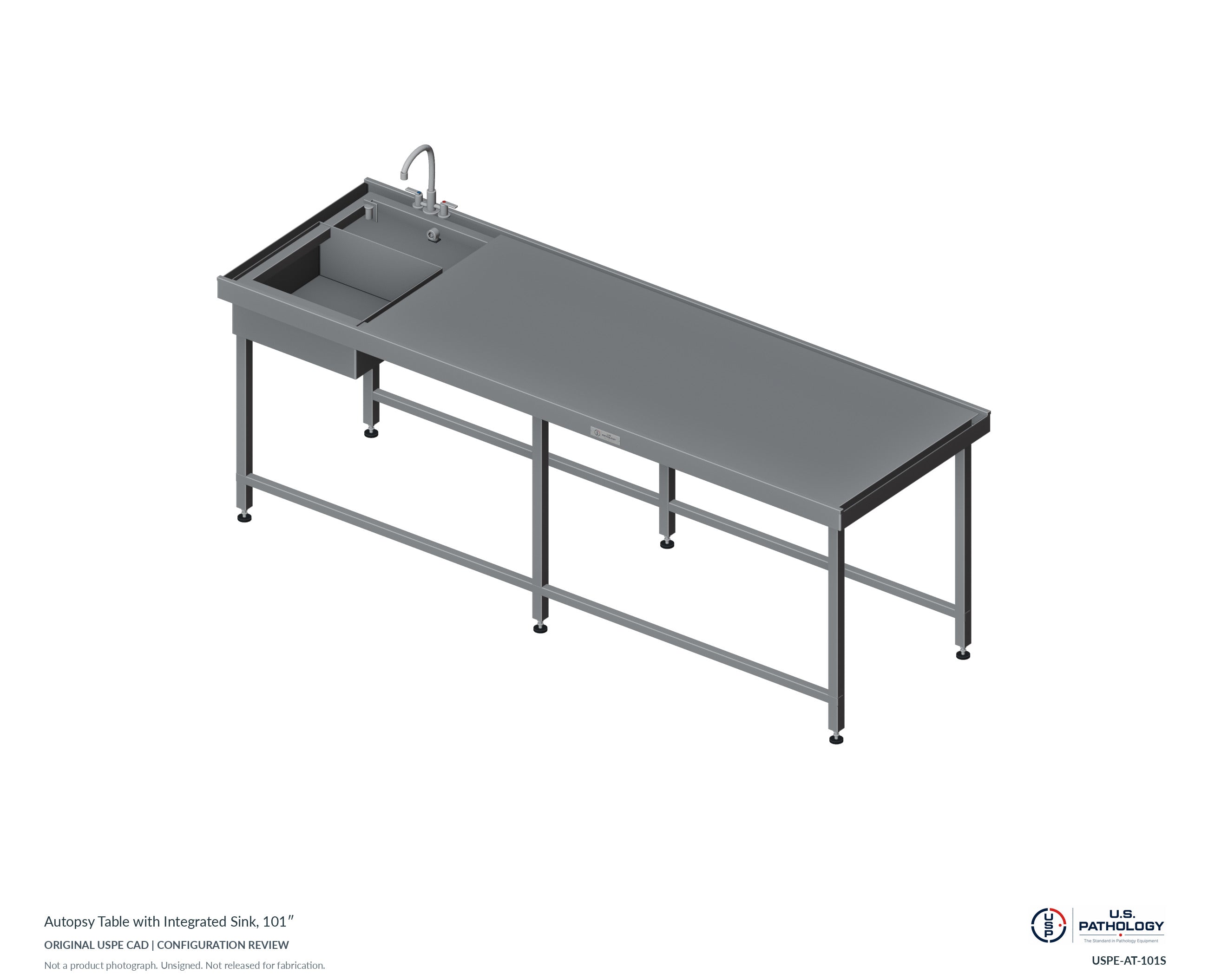 Autopsy Table with Integrated Sink, 101″ – Model USPE-AT-101S. CAD configuration review; not a photograph