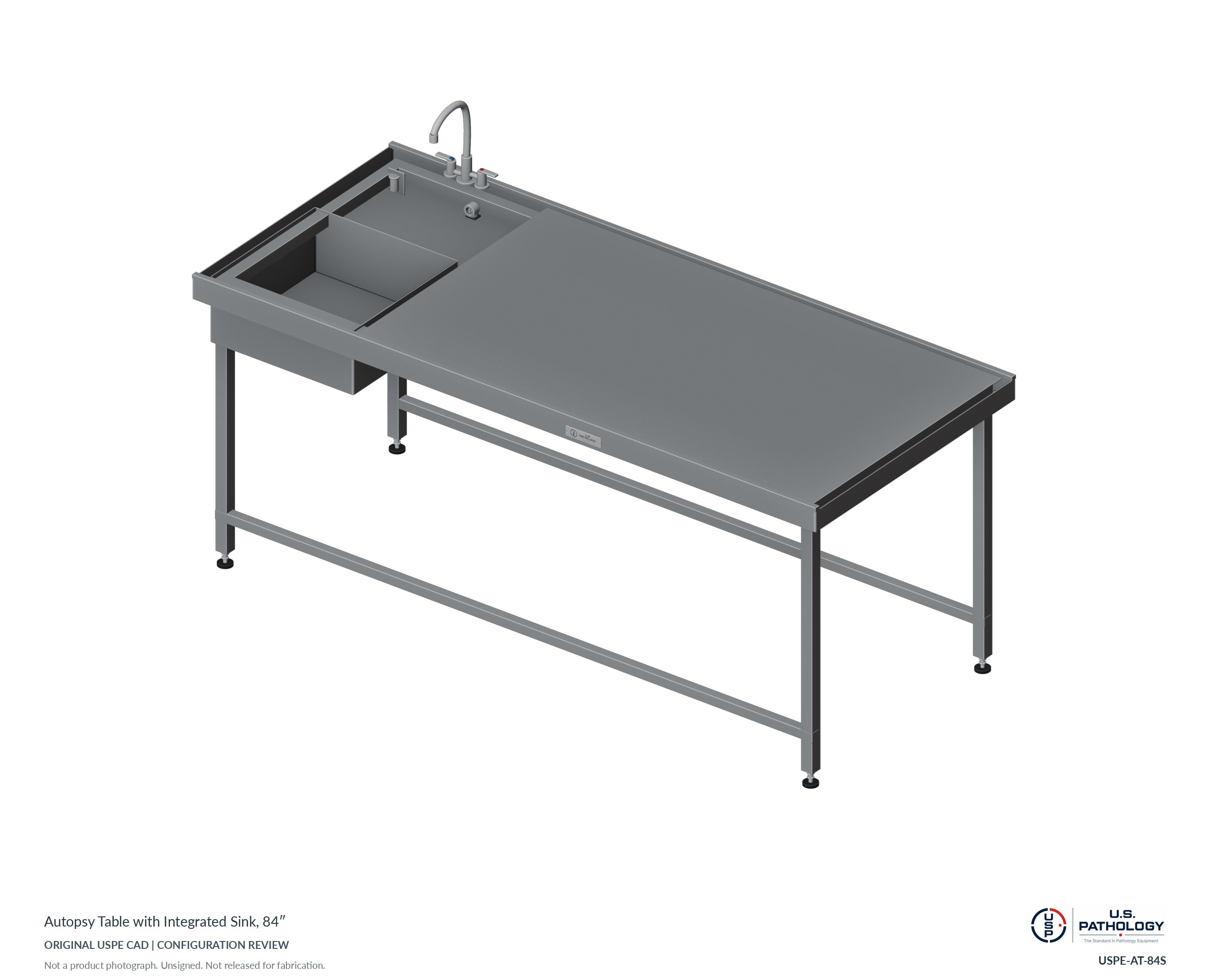 Autopsy Table with Integrated Sink, 84″ – Model USPE-AT-84S. CAD configuration review; not a photograph