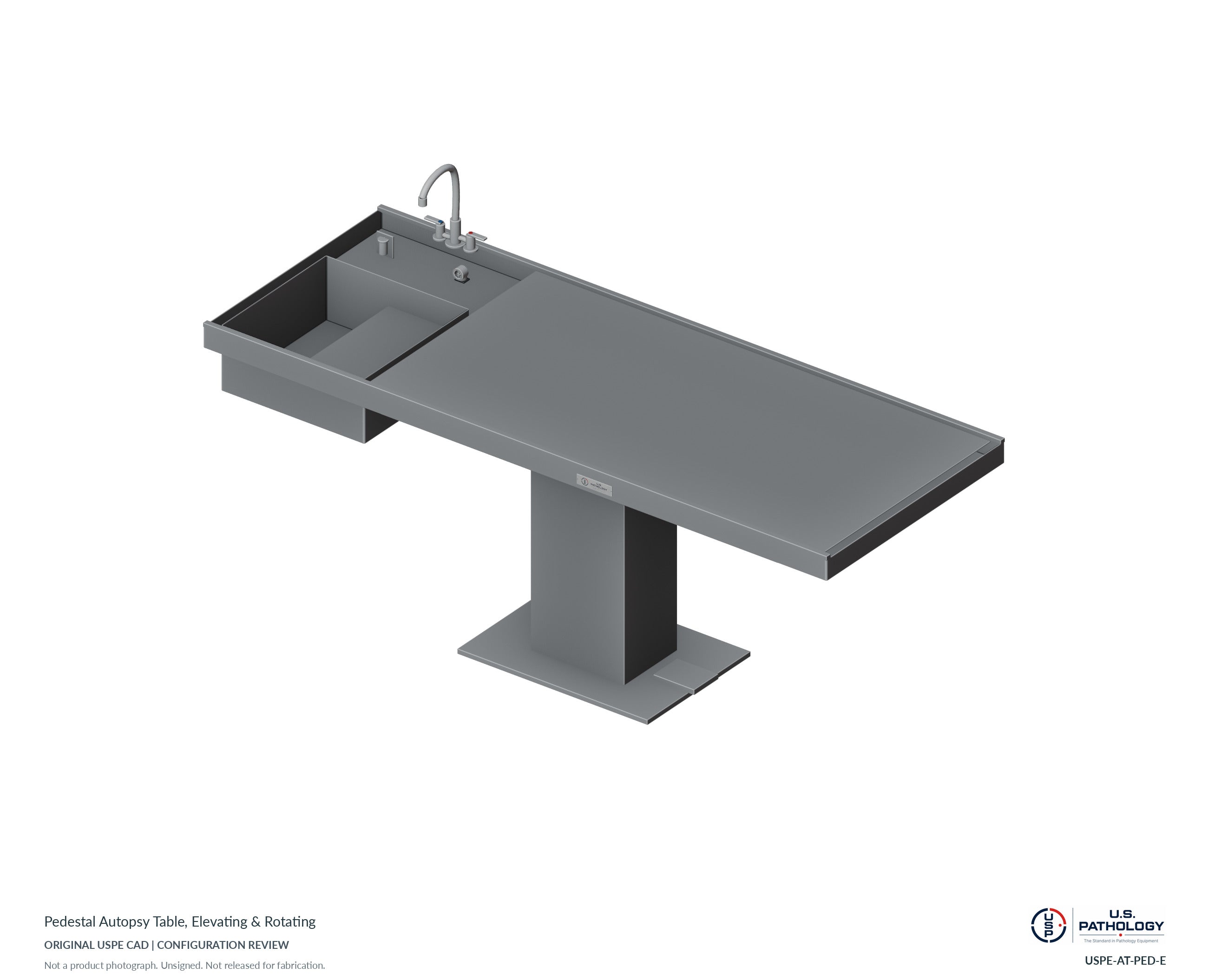 Pedestal Autopsy Table, Elevating & Rotating – Model USPE-AT-PED. CAD configuration review; not a photograph