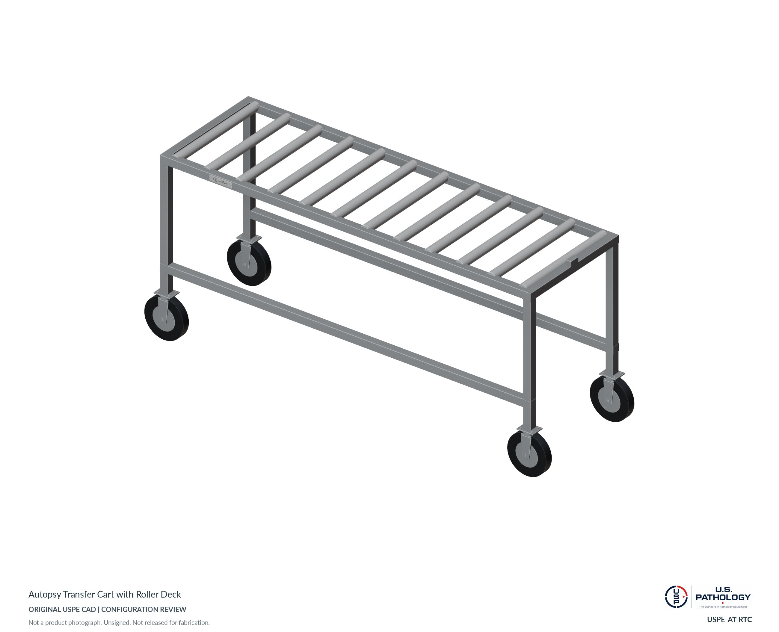 Autopsy Transfer Cart with Roller Deck. CAD configuration review; not a photograph
