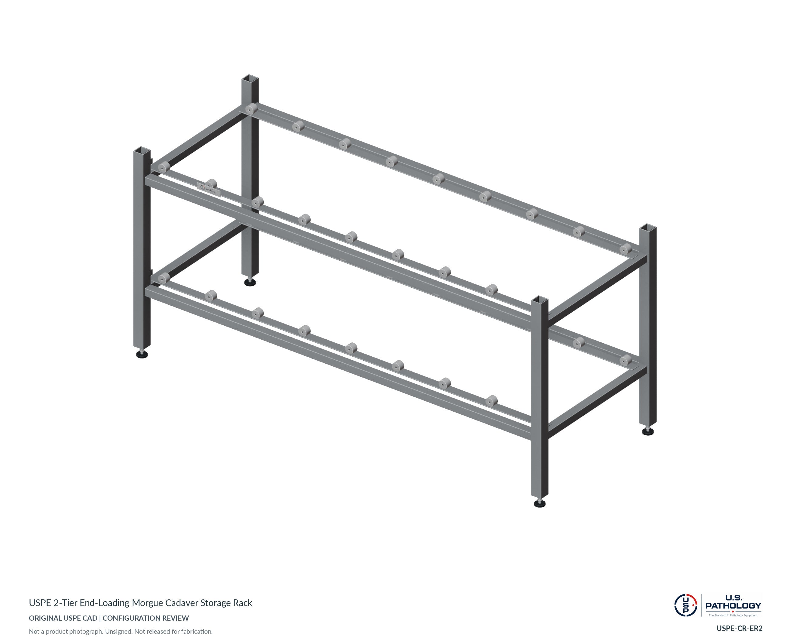 USPE 2-Tier End-Loading Morgue Cadaver Storage Rack. CAD configuration review; not a photograph