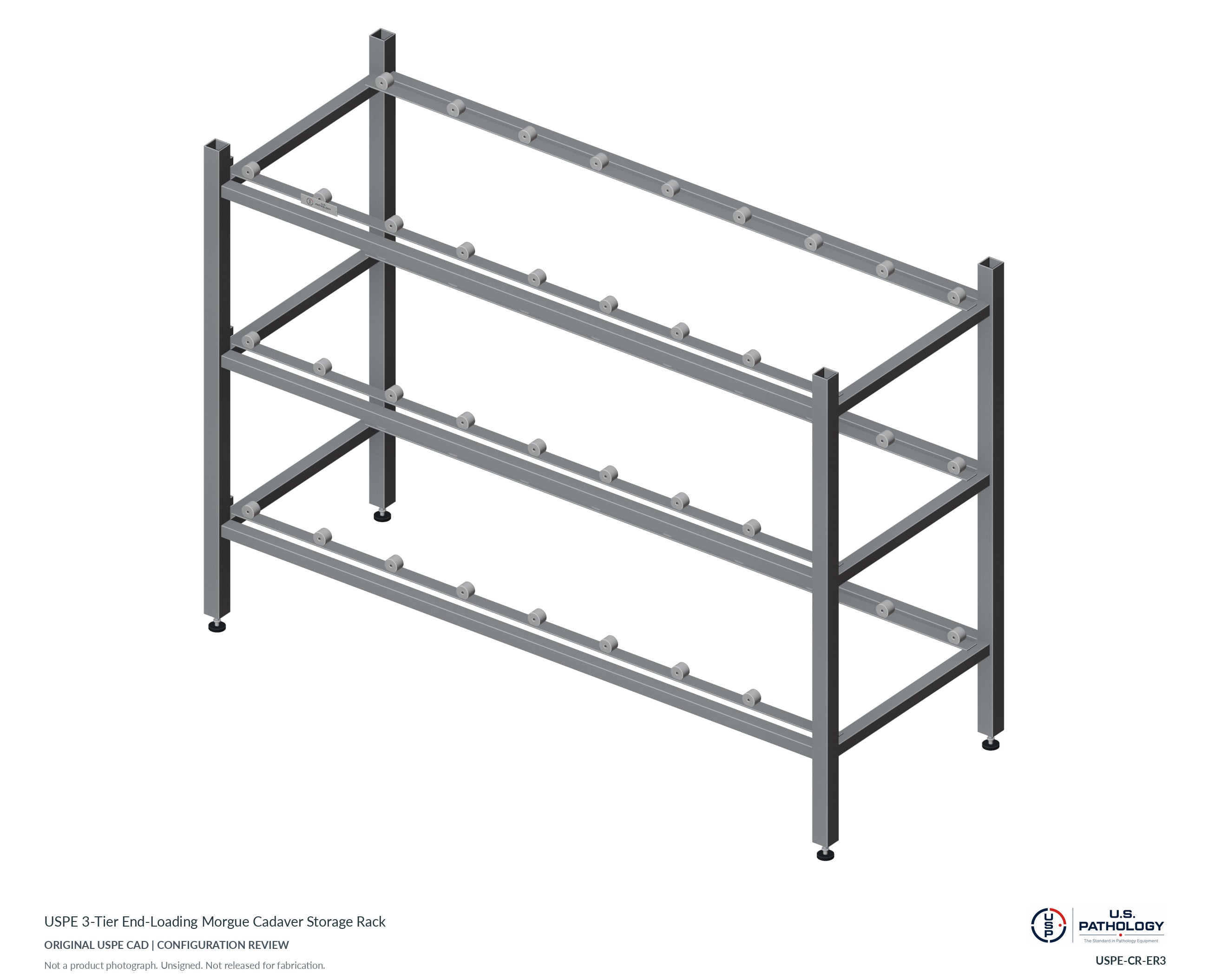 USPE 3-Tier End-Loading Morgue Cadaver Storage Rack. CAD configuration review; not a photograph