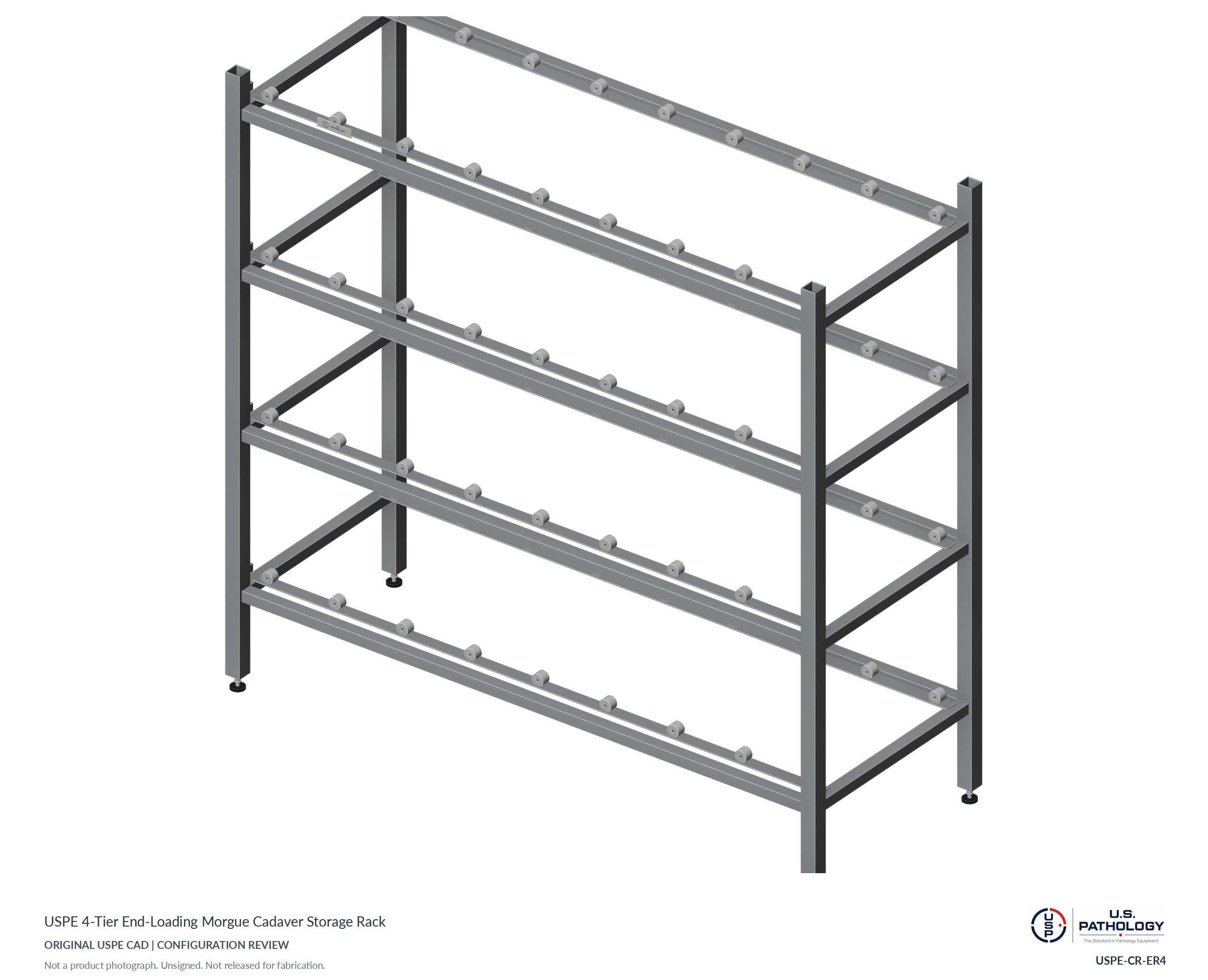USPE 4-Tier End-Loading Morgue Cadaver Storage Rack. CAD configuration review; not a photograph