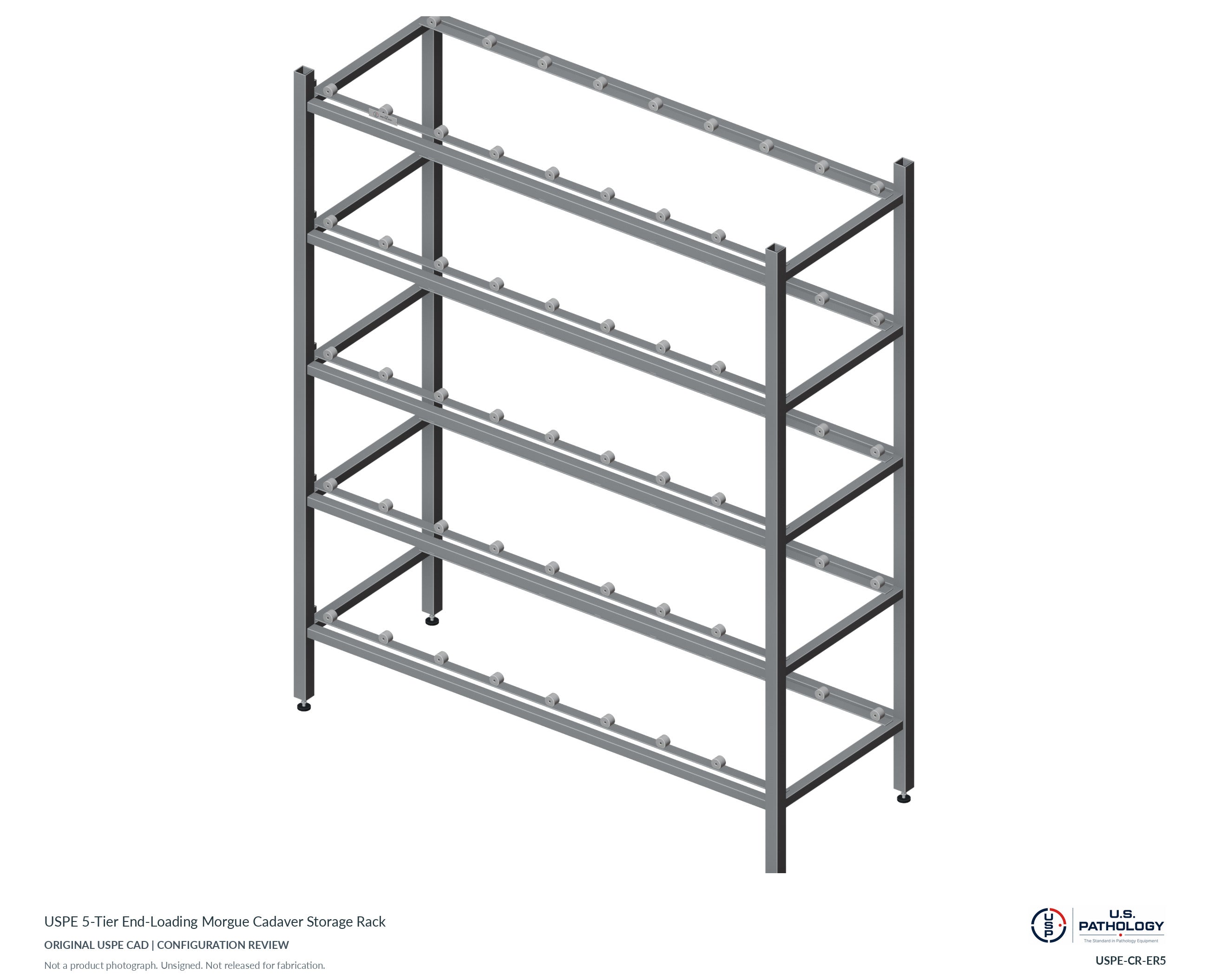 USPE 5-Tier End-Loading Morgue Cadaver Storage Rack. CAD configuration review; not a photograph
