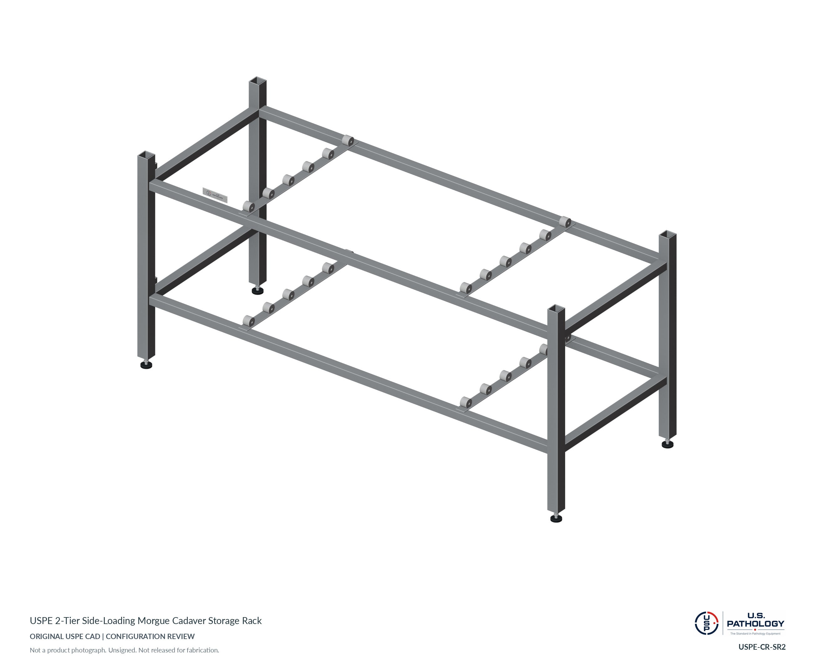 USPE 2-Tier Side-Loading Morgue Cadaver Storage Rack. CAD configuration review; not a photograph