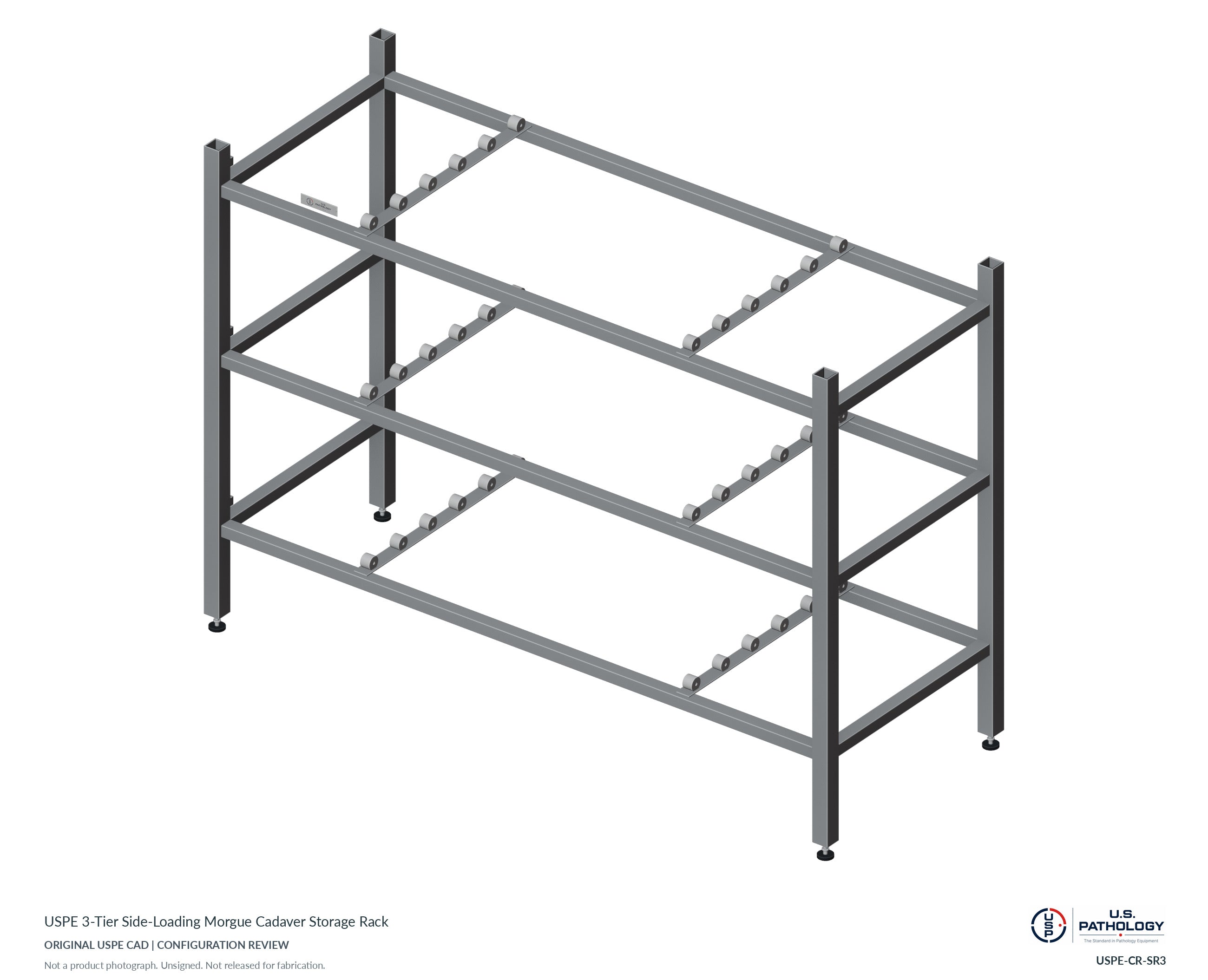 USPE 3-Tier Side-Loading Morgue Cadaver Storage Rack. CAD configuration review; not a photograph