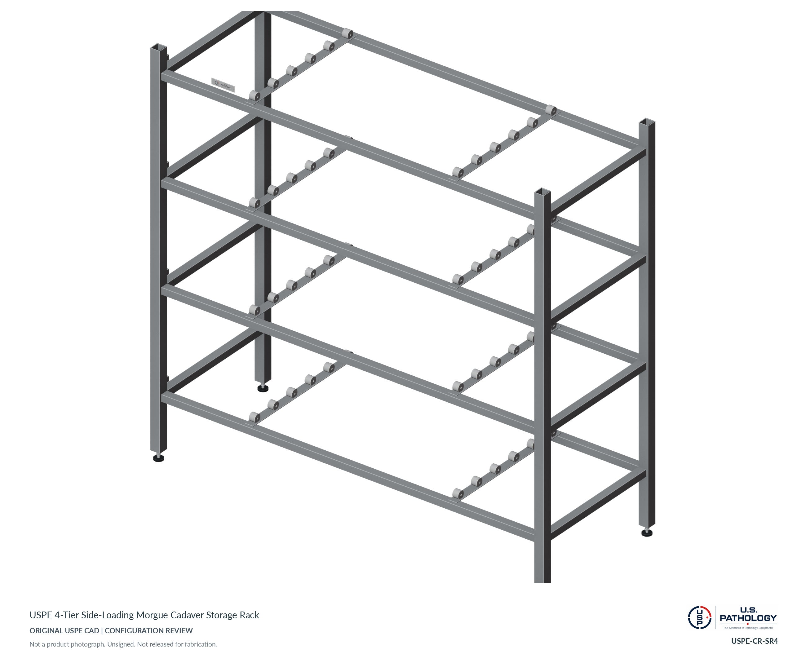 USPE 4-Tier Side-Loading Morgue Cadaver Storage Rack. CAD configuration review; not a photograph
