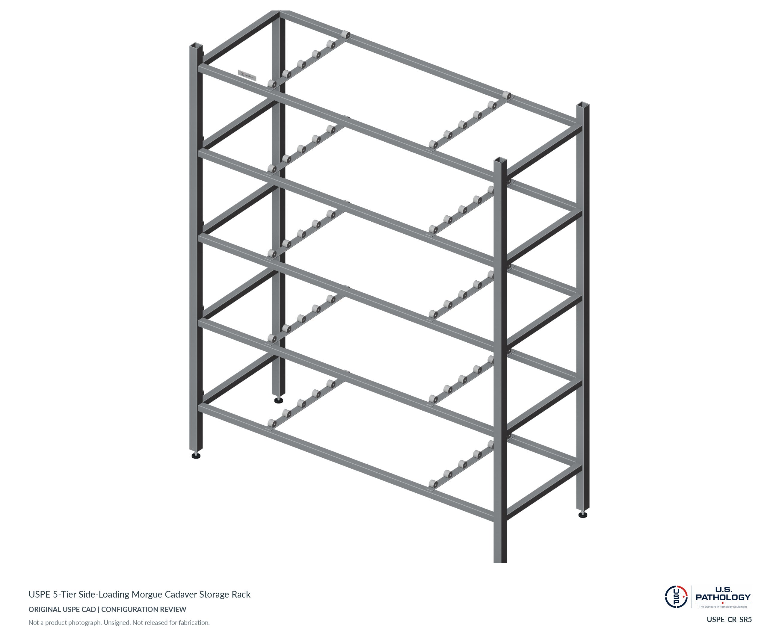 USPE 5-Tier Side-Loading Morgue Cadaver Storage Rack. CAD configuration review; not a photograph