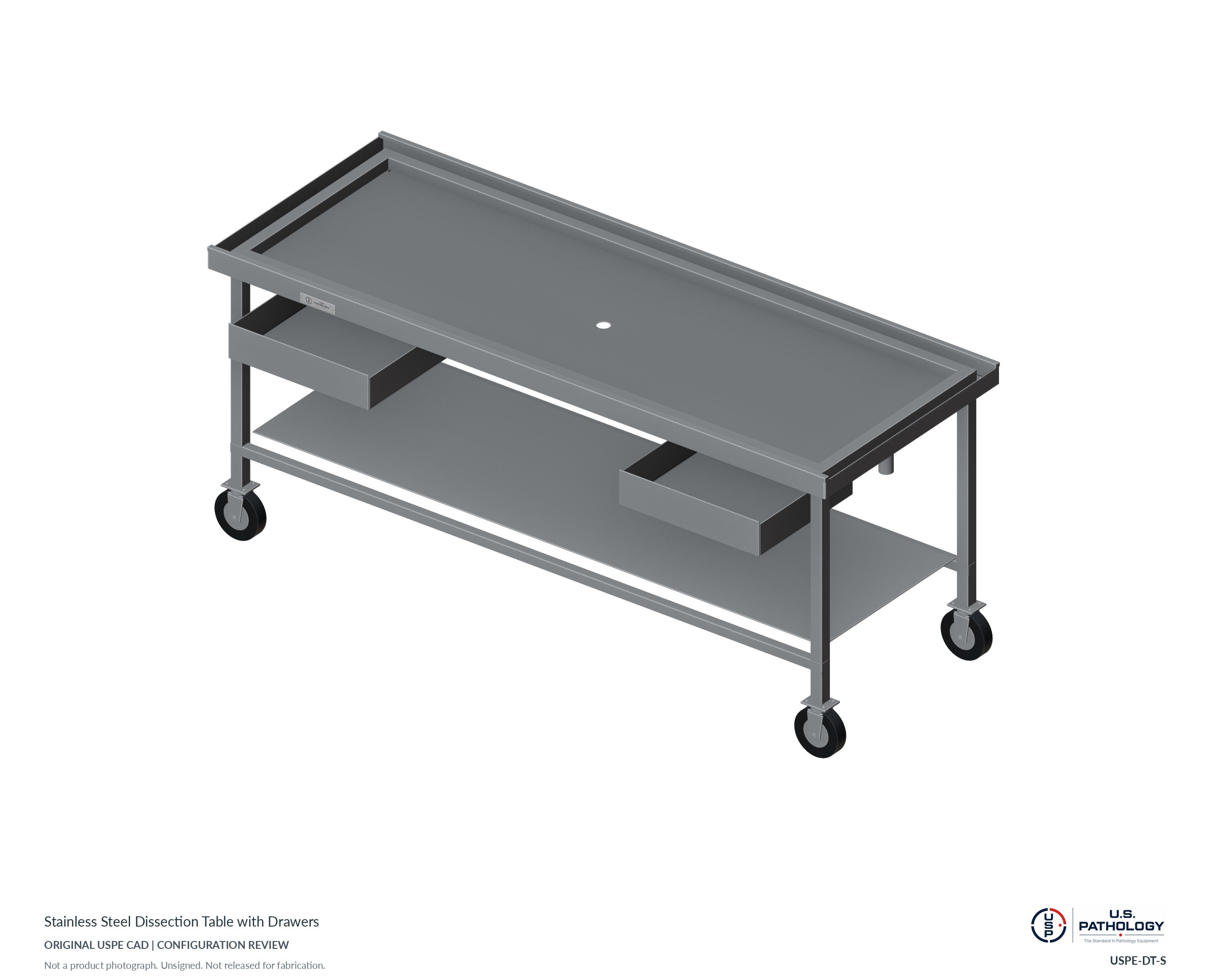 Stainless Steel Dissection Table with Drawers. CAD configuration review; not a photograph