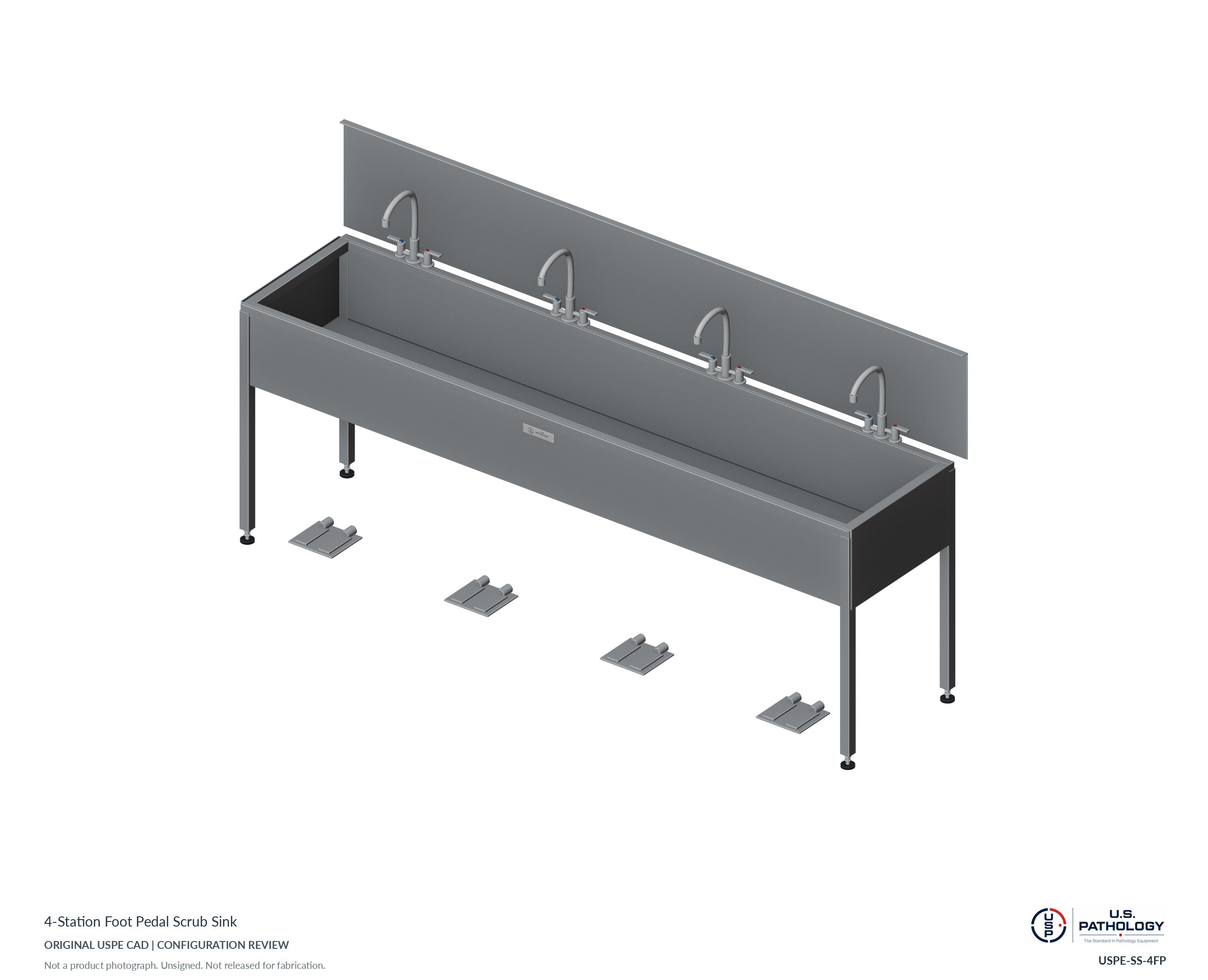 4-Station Foot Pedal Scrub Sink. CAD configuration review; not a photograph