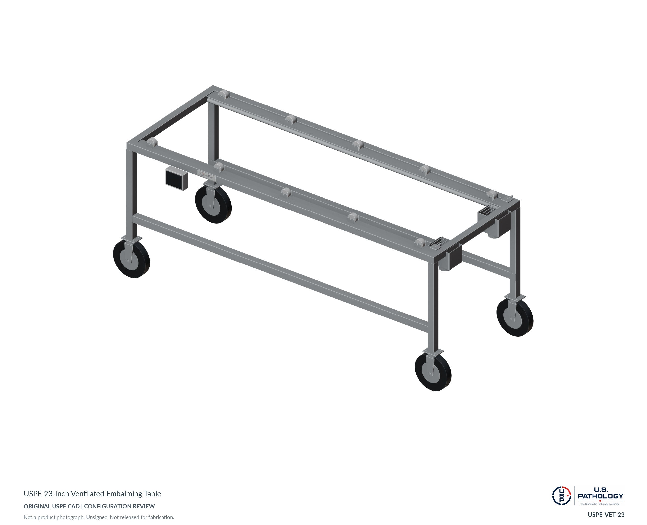 USPE 23-Inch Ventilated Embalming Table. CAD configuration review; not a photograph