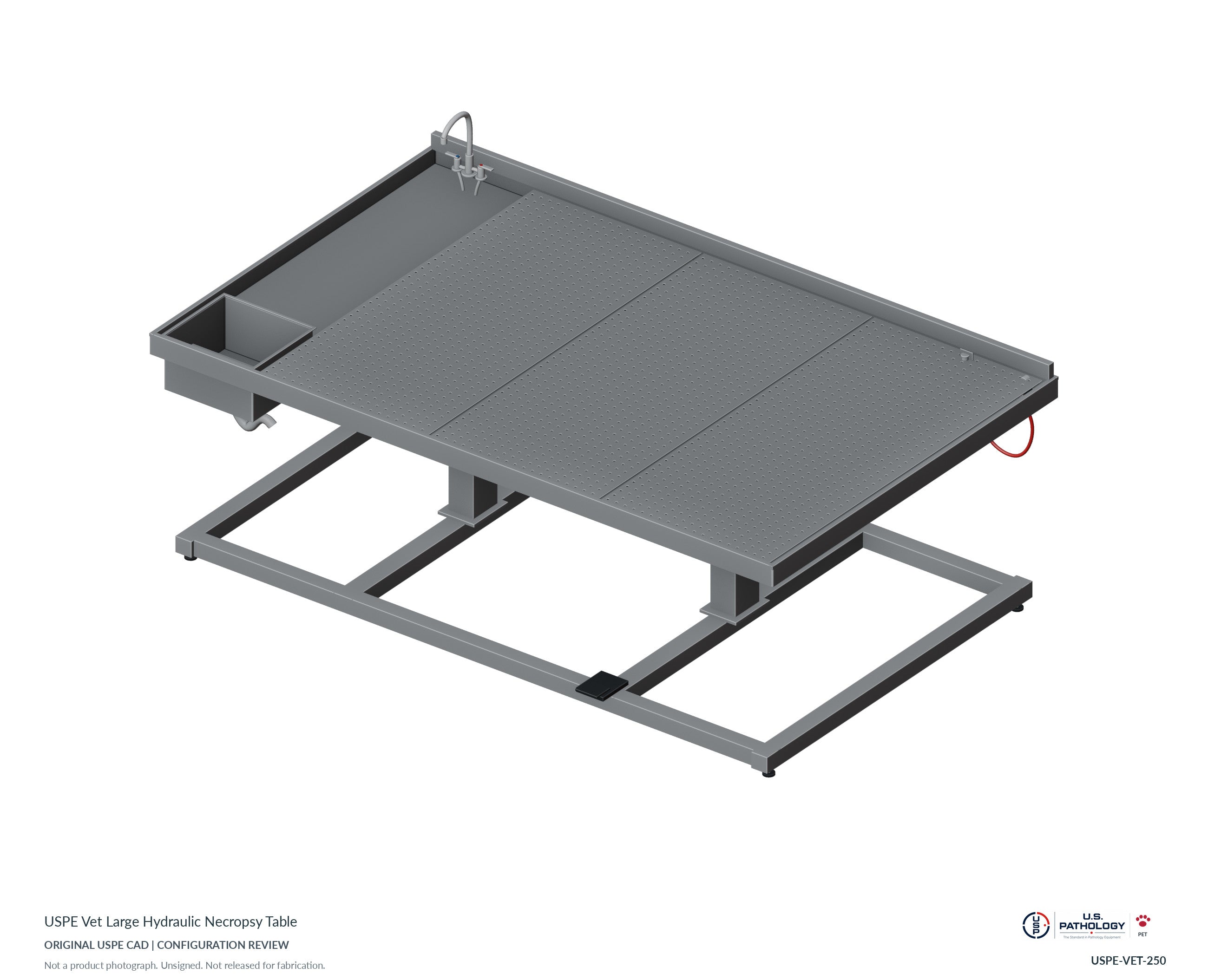 USPE Vet Large Hydraulic Necropsy Table. CAD configuration review; not a photograph