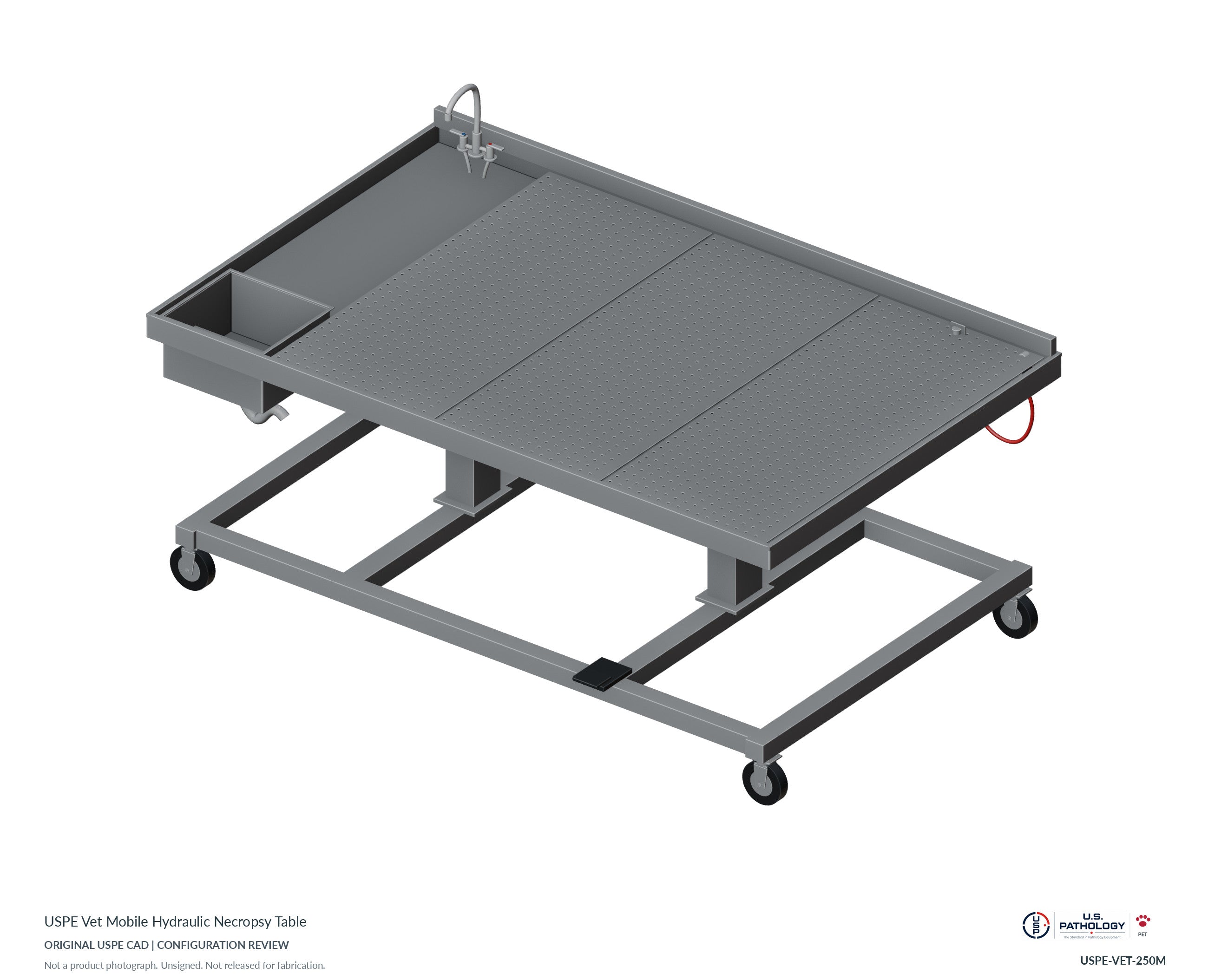 USPE Vet Mobile Hydraulic Necropsy Table. CAD configuration review; not a photograph
